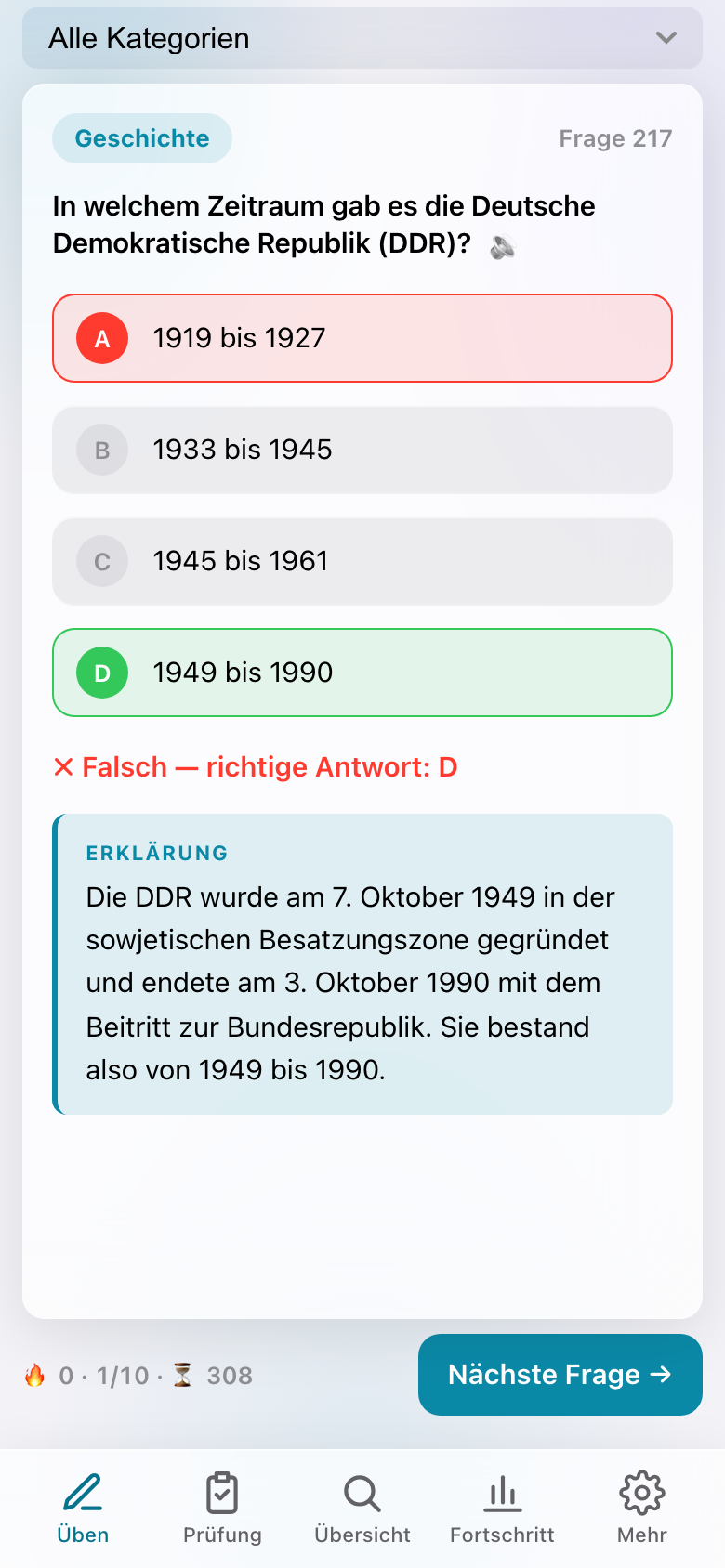 Screenshot der App: beantwortete Übungsfrage mit Erklärung