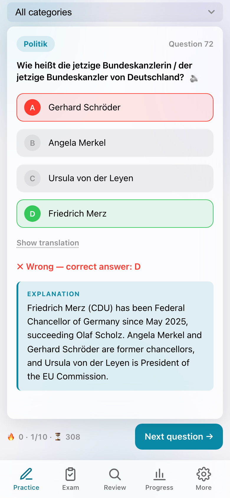 Screenshot of the app: an answered practice question with explanation